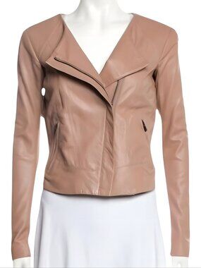 VEDA | Tan Asymmetrical Leather Moto Jacket Size S